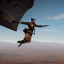 Placeholder: a soldier jumping off of an airship, during a war in a desert