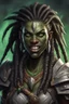 Placeholder: dungeons and dragons character portrait of a beast human female warrior with black skin and dreadlocks and thick eyebrows and big nose and big fangs and green eyes. Make her fangs visible.