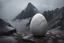 Placeholder: a giant egg with the texture of stone is cracked on top of the misty mountain peak. cinematic lighting, artstation, grim mood, looking up camera angle