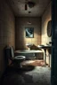 Placeholder: "A very old paints cracked dirty abandoned bathroom with dirty a man setting on a toilet seat aside, and tub and dirty water on the floor, with broken mirror on the wall above a sink insanely detailed octane render trending on artstation, 8k artistic photography, photorealistic concept art, soft natural volumetric cinematic perfect light, chiaroscuro, award-winning photograph, masterpiece, oil on canvas, Raphael, Caravaggio, Greg Rutkowski, people, beksinski, Giger