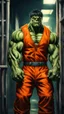 Placeholder: dark aesthetic, a cute hulk wearing an inmate orange jumpsuit outfit in prison, high detail, high-resolution, professional photography, ultra-detail, fantasy art
