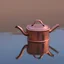 Placeholder: The reflection of a child on the surface of an old copper teapot