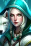 Placeholder: Picture a porcelain beautiful woman with soft features, thick blonde bob length hair. She has blue-green eyes. She is wearing a blindfold and a hood with a big white direwolf by her side and who is also a gamer girl and the protector of relms