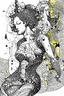 Placeholder: Ink drawing graphics venus excitante figures , line drawing, white background, negative space, splashes of soft colours hiperdetailed