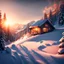 Placeholder: a cabin on a snowy mountain at sunset, a matte painting by Sebastian Spreng, shutterstock contest winner, photorealism, matte painting, anamorphic lens flare, creative commons attribution