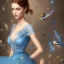 Placeholder: bueatiful woman in blue dress, bird