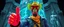 Placeholder: psychedelic neon coy insect cyberpunk cowboy pointing thumbs up brilliant detailed full figure portrait disco glittery fluffy muscle man anime in the style of Escher and Giger in front of dented marble tower of transparent glass statues