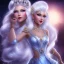 Placeholder: Ice Princess with white hair smilling, a crown with precious stones, bright background