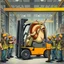 Placeholder: A giant snail in a factory driving around in a forklift, and are in the way for every worker, other angry workers stands around the snail and yell at him, pointing and give him the long finger