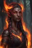 Placeholder: Fire Eladrin druid female. Hair is long and bright black part glows. Part of hair is braided and fire comes out from it. Big bright red eyes. Is generating fire with her hands and fire are coming our off them . Skin color is dark. Has a many big scar on face.