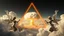 Placeholder: a nuclear explosion cloud(middle) framed in a triangle, the wind and smoke from the explosion forming shapes of dancing women with small angel wings(left and right foreground) like cherubs in the clouds, religiose art