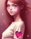 Placeholder: girl, happy, closed mouth smile, surrounded by hearts, brown hair, long hair, brown eyes, close up portrait, pink top