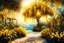 Placeholder: yellow, gold light effects colors, magic garden with mimosa tree, highly detailed, high contrast, seaside, 8k, high definition, realistic, concept art, sharp focus