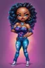 Placeholder: vibrant psychedelic comic book image, airbrush, 48k, cartoon art of a chibi curvy black female wearing torn jeans pants and a sapphire tie dye off the shoulder blouse. Prominent make up with lush lashes. Highly detailed sleek wavy ponytail