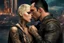 Placeholder: Jason David Frank short dark hair with tribal tattoos hugging pretty blonde shorthaired girl crying, photo realistic, modern dark fantasy, cityscape