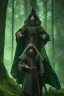 Placeholder: A wizard in a dark cloak, using magic, green magic, woods, forest background, dark scene, dramatic lighting