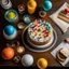 Placeholder: tavola apparecchiata con torta di compleanno vista dall'alto