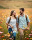 Placeholder: young sweet couple bagpacker happy walking and smiling in Realistic photography of a field of wildflowers, soft natural lighting, vibrant colors, intricate details,peaceful and serene atmosphere.