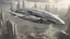 Placeholder: a photorealistic sleek silver spaceship flying over a futuristic ruined city