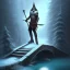 Placeholder: fantasy art, book cover, upper body of wizard with an axe in hand, in front of the ebony stairs of a bridge or dam ,icy water, there is also a hawk sitting on his shoulder