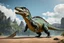 Placeholder: Huge lizard with a spinosaur like sail on its back, two horns on its head, and stands upright like a t.rex in 8k