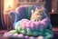 Placeholder: Pastel colors, cute fluffy chibi cat reads sitting in a big soft armchair, covered with a plaid blanket, a teapot and steaming tea on a small table next to her, in sunlight. The fire in the fireplace is blazing.