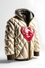 Placeholder: Superman's Balenciaga jacket Winter elegant inspired by Superman's emblem design beige tones with dual color on a white background, product catalog photography, soft spot lighting, depth of field, 4k –ar 3:5 –q 2