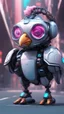 Placeholder: CHICKEN robot made of cotton candy, sci-fi, cyberpunk, full body, ultra realistic, virtual reality, cyberpunk city and colors