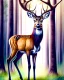 Placeholder: deer with antlers standing sideways, looking at viewer, realistic water color painted, among light colored tall simplified tree trunks, foggy, Easter Spring pastel colors, colorful, dark background