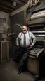 Placeholder: full figure shot photography of an italian smiling strong massive big chubby 50 year old man in opened gray suit, manly chest, unbuttoned shirt, short beard, shirtless, printer in an old printing house, next to a huge old printer, dim light, side light, ambient occlusion