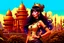 Placeholder: exotic sci-fi steampunk pin-up girl, with long dark hair with bangs, on an alien planet with cloud trees, tall spires, buildings, bridges, arches, photorealistic