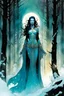 Placeholder: create a wildly conceptual full body portrait illustration of sorceress with highly detailed feminine facial features, in an ethereal, otherworldly , darkened, ancient winter forest , in the comic book art style of Bill Sienkiewicz, Mike Mignola, Sparth, and Jean Giraud Moebius, finely drawn, colored and inked, suffused with dramatic natural light and shadow under a midnight blue moon