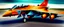 Placeholder: a military fighter jet station wagon hybrid designed by volkswagen only one vehicle per image painted metallic orange traveling at a high rate of speed, jet intake off of front center of vehicle and jet exhaust out the rear with bright blue flame