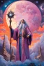 Placeholder: Surreal. Incredibly detailed and ornate. Realistically painted. pink, orange, purple, sunset, stormy nebula sky. celestial Wizard in glistening glittery star speckled blue robe holding crooked wizard staff in his hand, calling to the sky. moon, stars, sun, Watercolor, Jimmy Cauty, Alphonse Mucha, Arthur Rackham, H R Giger, Frank Frazetta, Maxfield Parrish, Corelle-Vairel, Mitch Griffiths, Gaston Bussiere, hyperreal, 8k, photorealism, photoillustration, Unreal Engine 5, volumetric lighting, VRay