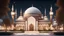 Placeholder: Hyper Realistic outside Beautiful-Grand-Brown-Decorated-Mosque with white-marble-fences & Beautiful-Lightings-Decorations at night with stars on sky & beautiful trees