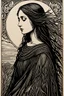 Placeholder: create a deeply powerful tragic, heart wrenching, and evocative, woodcut of a raw and weathered raven maiden girl with highly detailed and deeply cut facial features, in the style of EDWARD BURNE-JONES, and KATHE KOLLWITZ , searing lines and forceful strokes