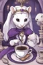 Placeholder: (anthropomorphic white ferret girl),dressed in cleric black and purple clothes with silver holy ornaments, realistic anatomy, fantasy tavern on background, mage and holy symbols around, serious face, hold cup of coffe, tired