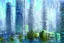 Placeholder: Futuristic buildings near tree zone, cyberpunk influence, impressionism painting