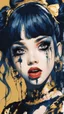 Placeholder: Poster in two gradually, a one side malevolent goth vampire girl face and other side the Singer Melanie Martinez face, painting by Yoji Shinkawa, darkblue and gold tones,