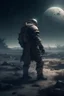 Placeholder: huge soldier in a middle of a battlefield with a broken moon, cinematic