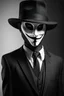 Placeholder: A member from anonymous with the original famous anonymous mask on and with a black fedora hat and a fine black and white suit standing, Anonymously. with a black backround and the man staring into the camera.