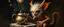 Placeholder: fuzz sponge tube gremlin fox demon in the astral realm with a tea kettle, painted by Rembrandt