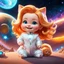 Placeholder: (masterpiece, best quality, 8k, RAW photo, beautiful and aesthetic:1.2), complex detail, Indirect light, photorealistic, (((full body))), Cosmic Boss Baby style smiling, long curved clear hair , with a ginger cat companion, colorfull Sci-Fi environment