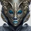 Placeholder: Close-up portrait of a person wearing an ornate mask with a blank stare, inspired by Candido Bido. The mask features intricate patterns representing afrofuturism. The character is depicted in a photomanipulation style, with a menacing look in their eyes. The artwork is a fully body portrait, showcasing the unique patchwork design of the character's clothing. The overall tone is surreal and captivating, reminiscent of robot photography. The artist's skill and attention to detail are evident in th