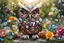 Placeholder: Owl made of gemstones and jewels in a flowergarden in sunshine