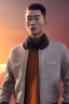 Placeholder: Clean cut asian man in a leather jacket on a strange planet looking at the sunset