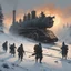 Placeholder: Jakub Rozalski's Historical Fantasy: In a snowy landscape, a massive, steam-powered automaton bears down on a group of soldiers, its gears and pistons lit by the eerie glow of dawn.