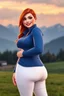 Placeholder: In a realistic, non-anime, cartoon style like: body shot of 40-year old chubby redhead with brown eyes, very thick red lips and smoky eyes with long lashes who looks a lot like Jewel DeNyle. She is equestrian attire with tight white pants and blue, tight-fit jacket, posing in Bavarian countryside with mountains visible in sunrise.