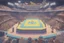 Placeholder: a Pokémon wrestling stadium with many lights and a big crowd, cell shading