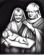 Placeholder: Boris Johnson and Liz Truss as a nativity scene with baby Jesus pencil and charcoal sketch